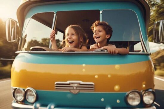 Two smiling children leaning out of a colorful van's front window while driving on a sunny road.