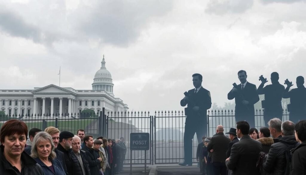 A Frugal Traveler's perspective on the political climate's influence on border travel: a tense, ominous scene of two imposing government buildings situated on either side of a hazy, heavily guarded border crossing. Gloomy clouds loom overhead, casting an unsettling shadow over the proceedings. The foreground features a long line of travelers waiting apprehensively, their faces etched with uncertainty. The middle ground showcases armed border patrol officers scrutinizing documents with a stern, unyielding demeanor. In the background, the silhouettes of political figures can be seen, their postures and gestures suggesting an atmosphere of discord and unease. The overall mood evokes a sense of heightened security, bureaucratic inefficiency, and the palpable tension created by the current political climate's impact on cross-border mobility.
