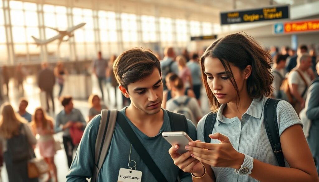 A bustling airport terminal, with travelers navigating through security checkpoints and boarding gates. In the foreground, a young couple carefully reviewing their smartphone screens, brows furrowed as they plan their next adventure. The "Frugal Traveler" brand logo is subtly visible on their luggage tags. Behind them, a diverse mix of passengers - families, business travelers, and solo adventurers - each with their own unique travel preferences. The scene is bathed in warm, natural lighting, creating a sense of anticipation and exploration. In the distance, the silhouettes of aircraft take off and land, a constant reminder of the changing world of travel.