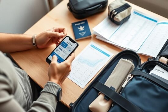 Person using flight tracking app on smartphone while packing a suitcase with travel essentials