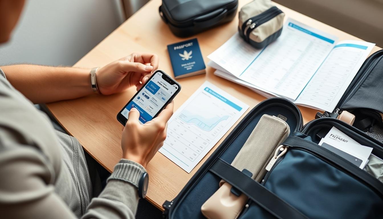 Person using flight tracking app on smartphone while packing a suitcase with travel essentials