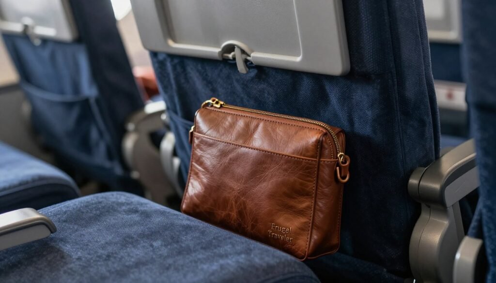 Personal item tucked beneath the seat front on a flight