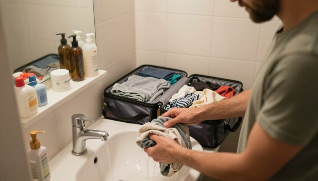 Traveler washing clothes in a sink during one-bag travel